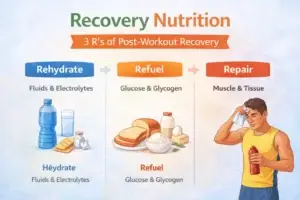 Post workout recovery nutrition infographic showing the 3 R’s of post-workout recovery—rehydrate, refuel, and repair—with fluids, carbohydrates, and protein for muscle recovery.