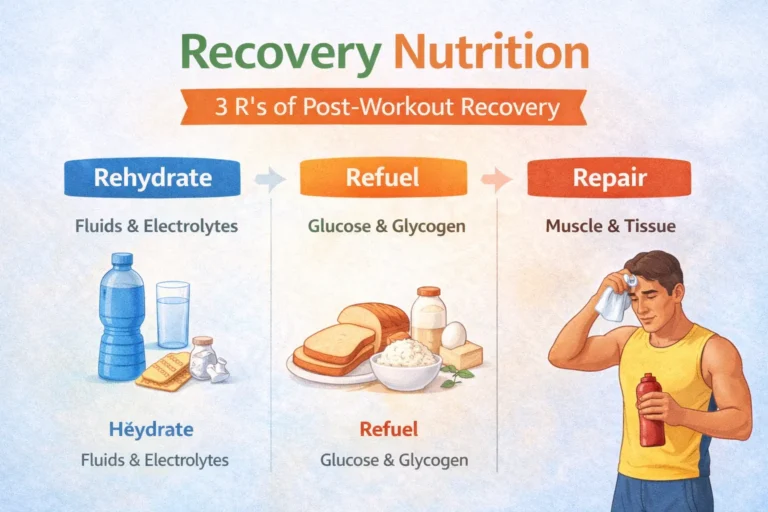 Post workout recovery nutrition infographic showing the 3 R’s of post-workout recovery—rehydrate, refuel, and repair—with fluids, carbohydrates, and protein for muscle recovery.