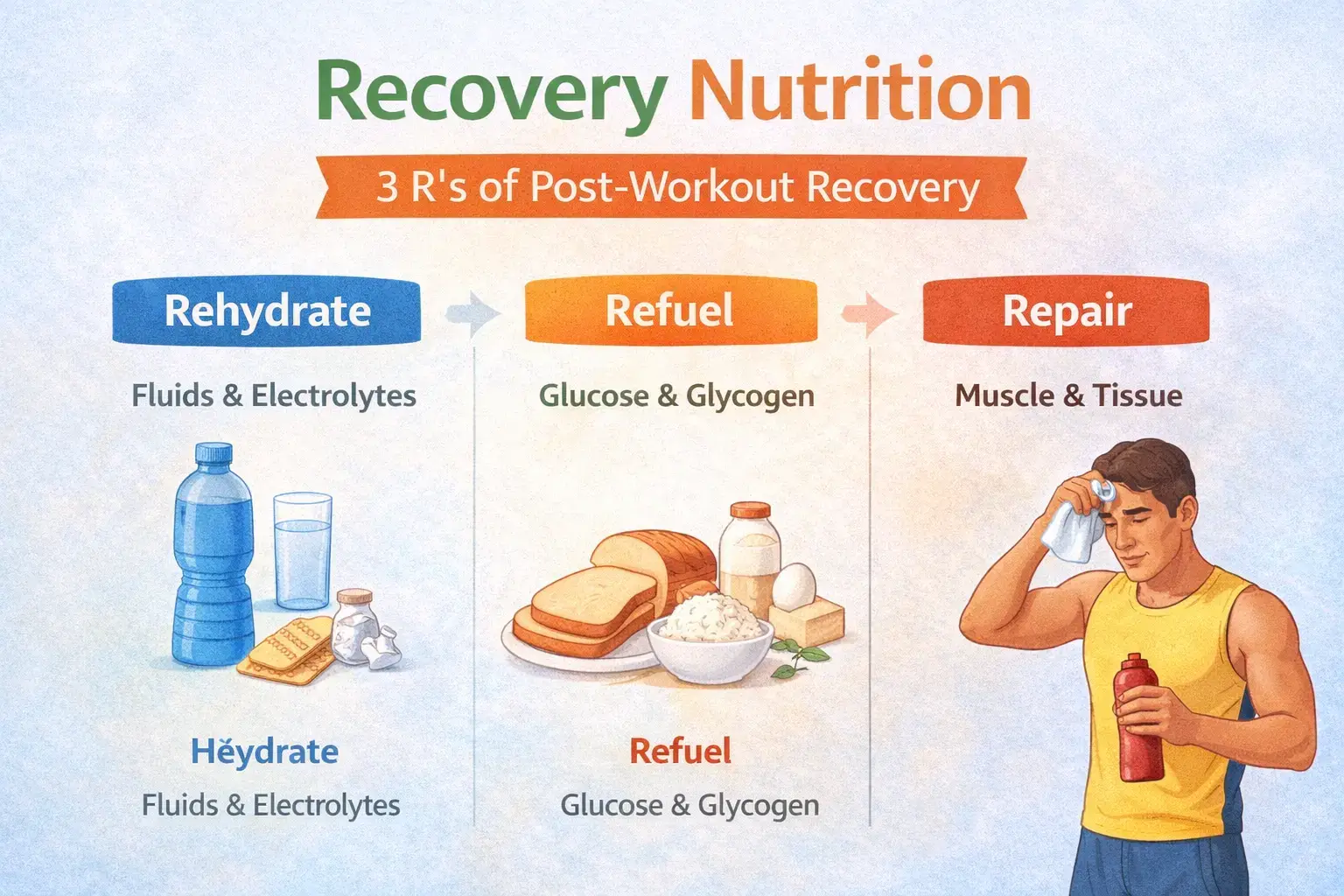Post workout recovery nutrition infographic showing the 3 R’s of post-workout recovery—rehydrate, refuel, and repair—with fluids, carbohydrates, and protein for muscle recovery.
