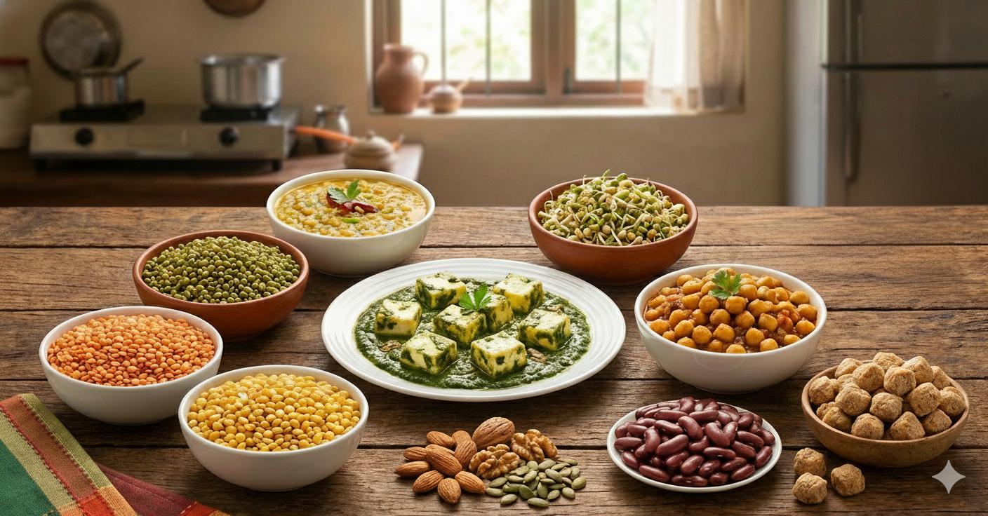 Protein rich vegetarian foods in an Indian diet including paneer, lentils, tofu, nuts and seeds