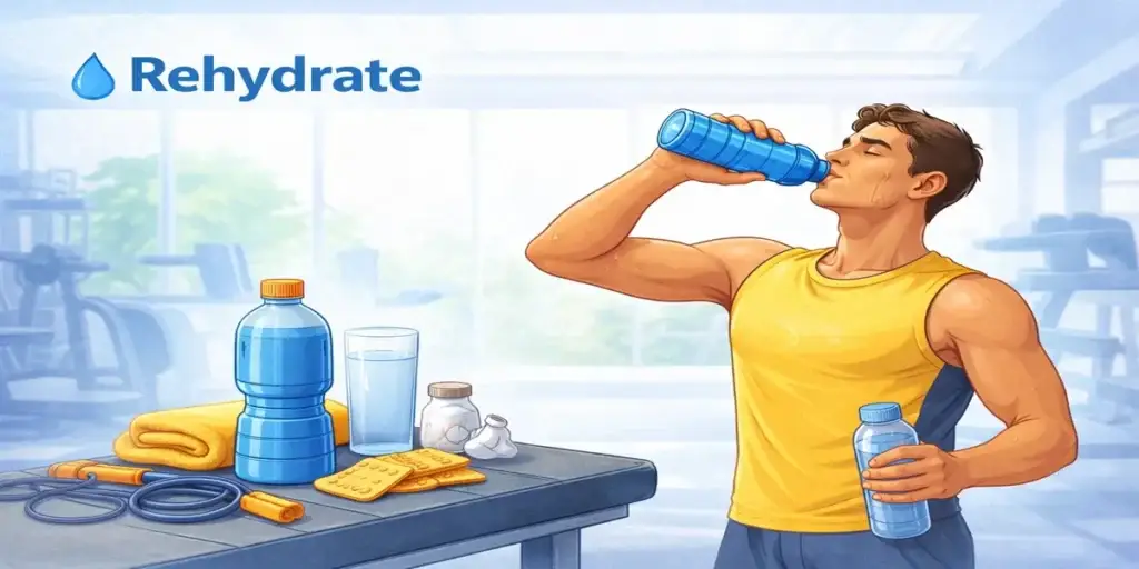 Athlete rehydrating after a workout by drinking water and electrolytes, representing post-workout rehydration