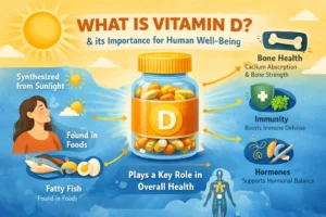 Illustration explaining what vitamin D is and its role in bone health, immunity, muscle function, and overall well-being