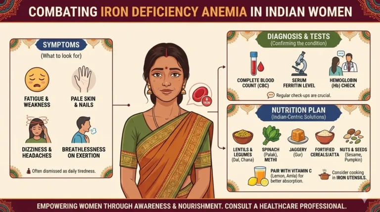 Educational infographic on iron deficiency anemia symptoms, tests, and nutrition plan for Indian women