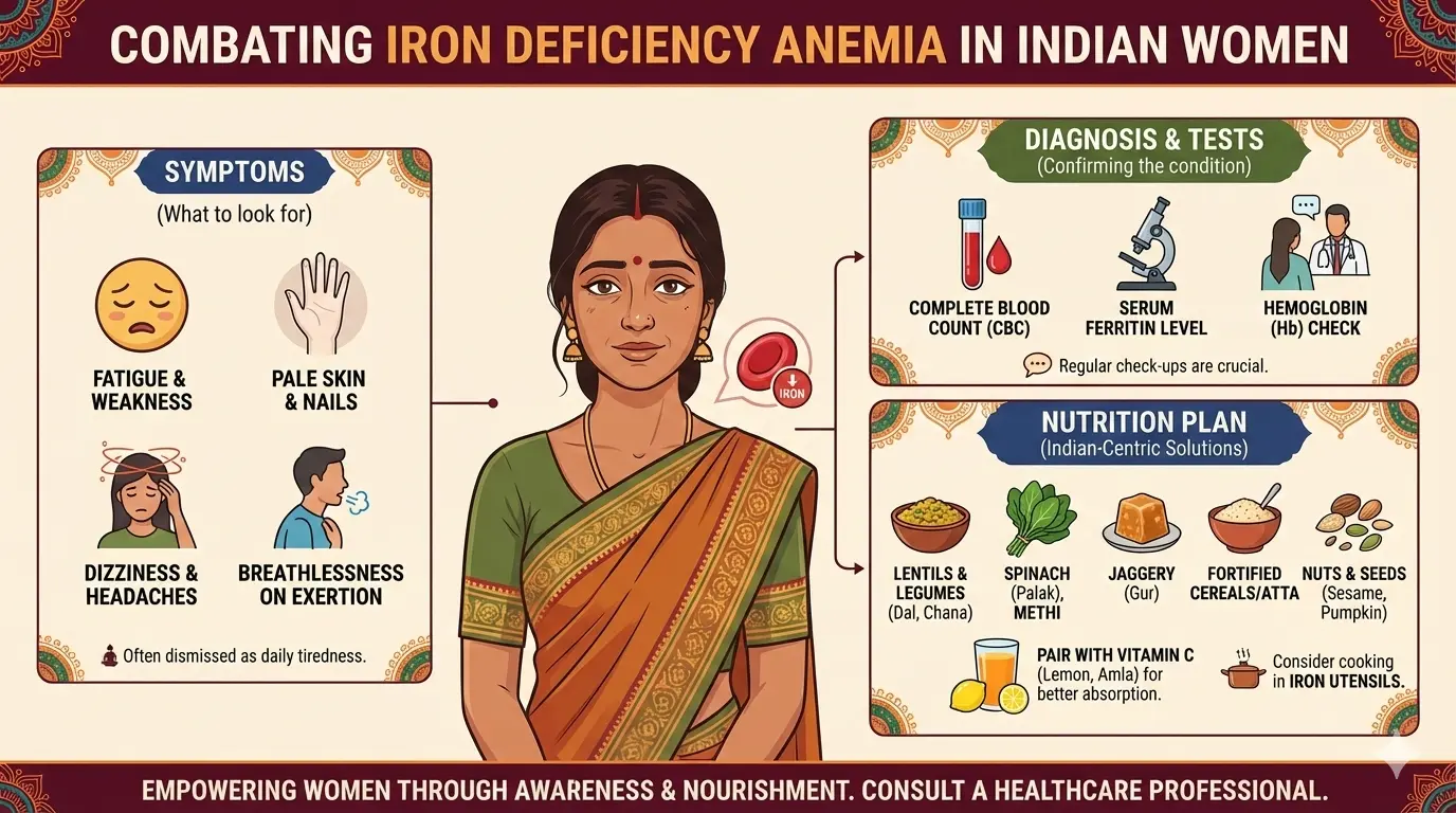 Educational infographic on iron deficiency anemia symptoms, tests, and nutrition plan for Indian women