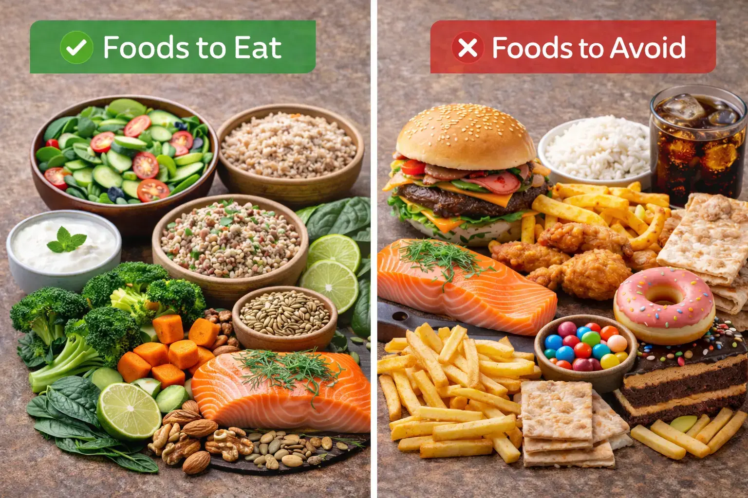 PCOS diet plan image showing foods to eat and foods to avoid for managing symptoms and hormonal balance”