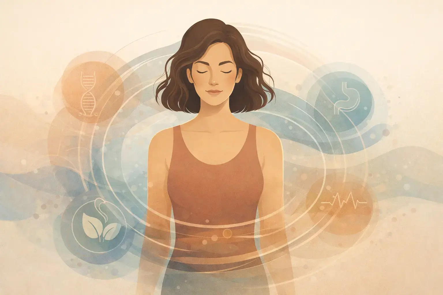 Illustration showing a woman surrounded by flowing patterns representing hormonal cycles, metabolism, gut health, and stress response in women's health