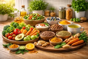 Healthy Indian vegetables, fruits, nuts, and spices arranged on a kitchen table to support immunity and protect the body from air pollution effects