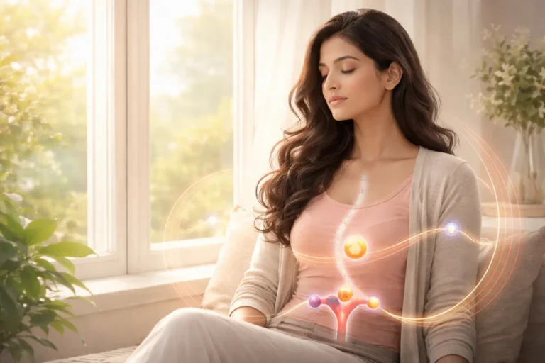 Indian woman illustrating hormonal rhythm and menstrual cycle balance for PMS and women’s hormonal health. How to Manage PMS