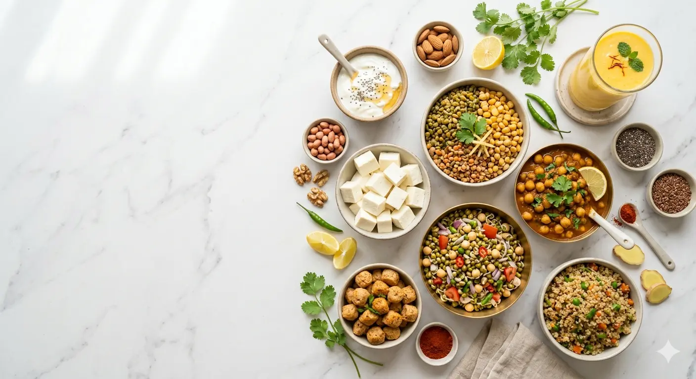 Indian vegetarian protein foods including paneer, lentils, chickpeas, tofu, quinoa, and nuts