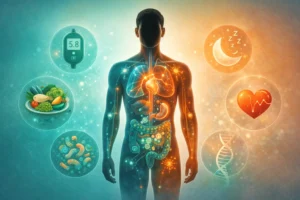 Human body silhouette showing internal organs with metabolic health icons including blood glucose meter, healthy food plate, gut microbiome, sleep, heart health and DNA