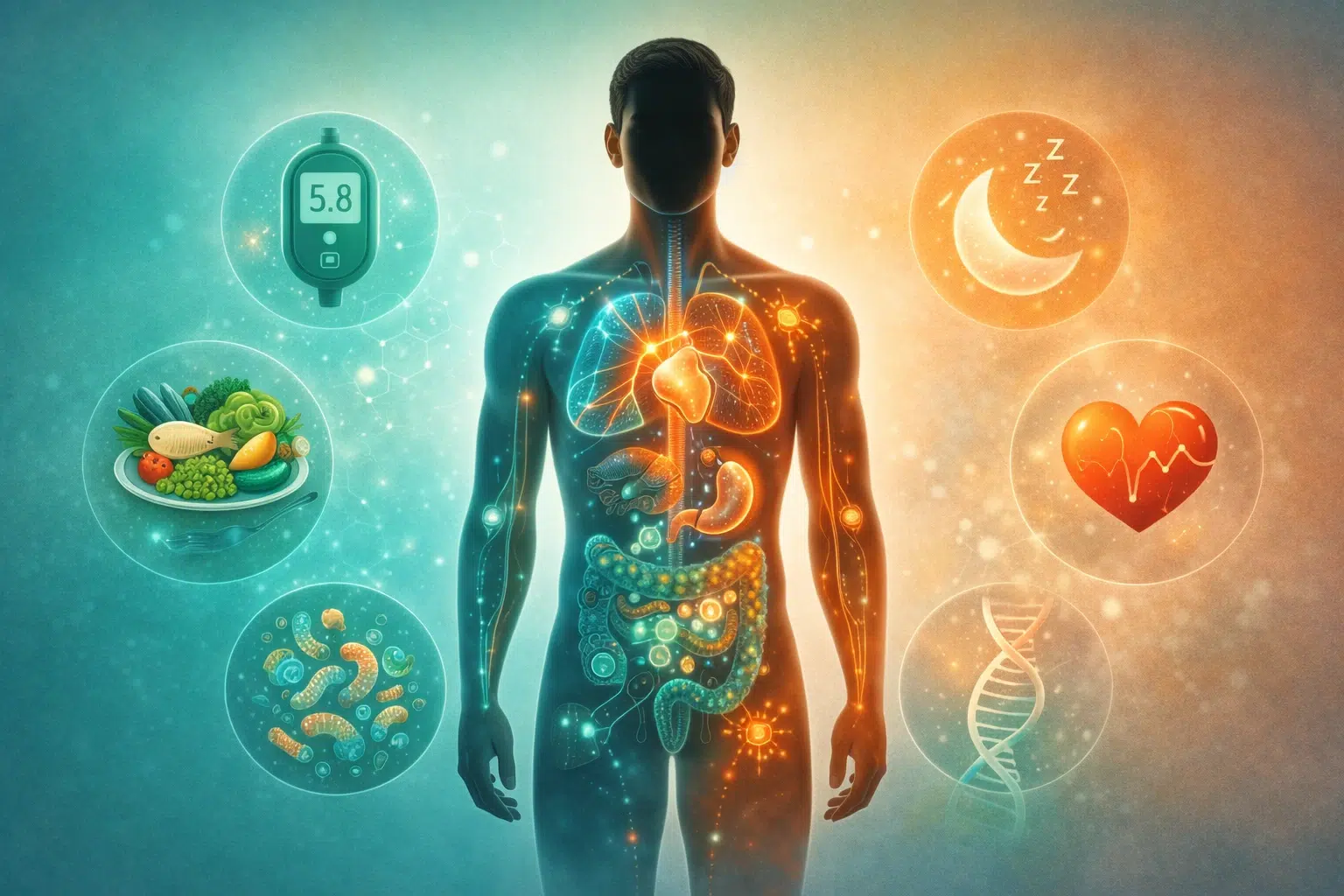 Complete guide to metabolic health showing body systems, blood sugar regulation, and energy metabolism pathways