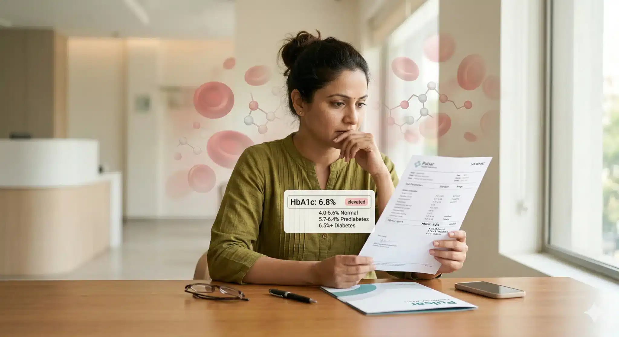 Indian adult reviewing HbA1c lab report with thoughtful expression in a clinical setting
