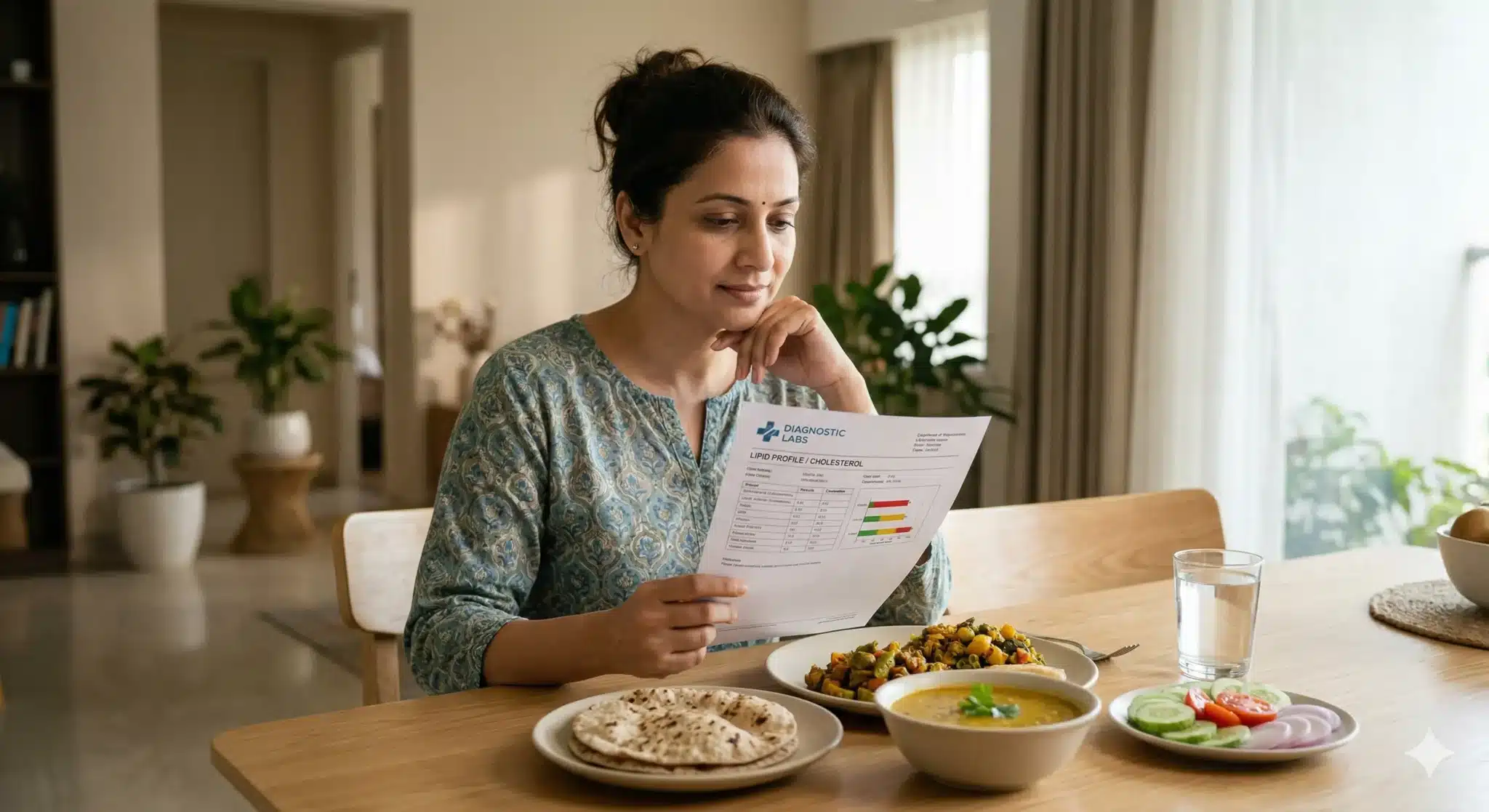 Indian adult reviewing cholesterol report with healthy Indian meal