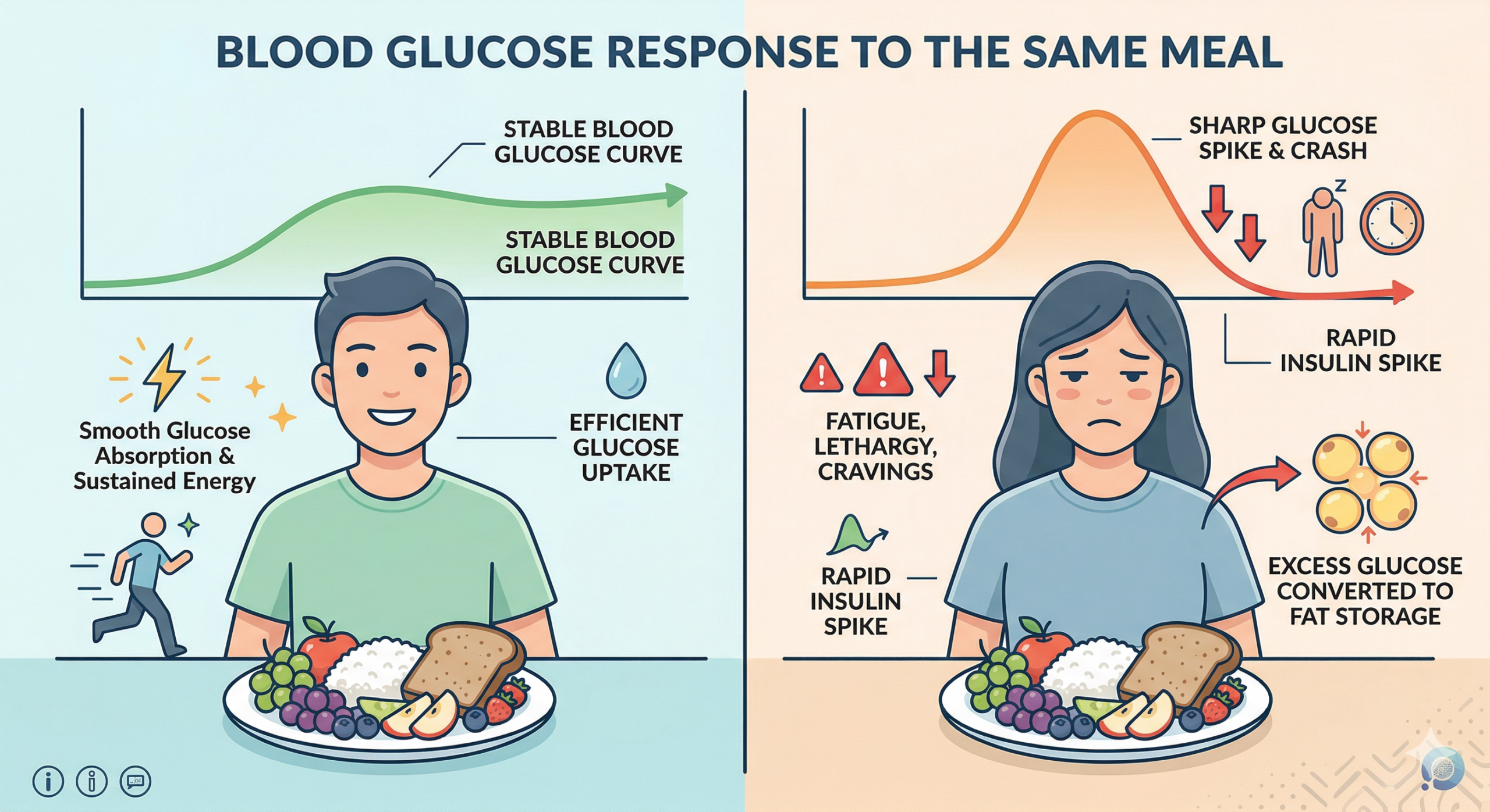 Illustration showing how two people eating the same carbohydrate meal have different blood sugar responses. Carb Tolerance and Blood Sugar: Why Some People Gain Weight on Carbs